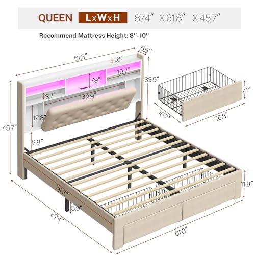 Image of TEENFON Queen Bed Frame with Headboard and 2 Drawers Storage, Bed Frame Queen Size Built in LED Lights and Charging Station, Sturdy & Noise-Free Upholstered Platform Metal Bed, Beige