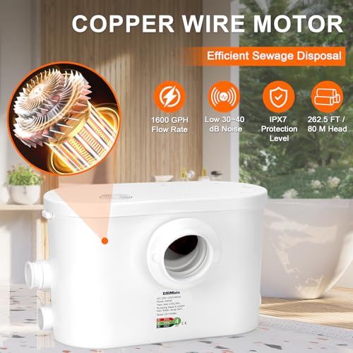 Image of 600W Macerator Pump, Powerful Sink Sewage Sump Pump, 8100 L /h Flow, Upflush 31.2 ft /9.5 m Head, 3 Water Inlets for Basement, Toilet, Shower, Kitchen, Bathtub Waste Water Disposal