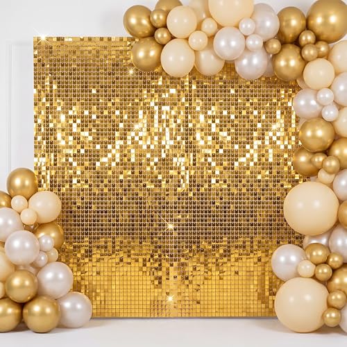 Tingjoo 2 Pack Gold Shimmer Wall Backdrop Total 4 x 6 ft Gold Shimmer Backdrop Curtains Square Sequin Fabric Curtain Drape Photo Background Props for Wedding Anniversary Birthday Party Baby Shower