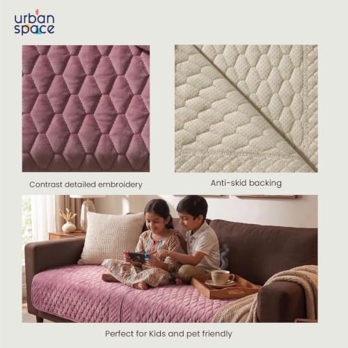 Image of Urban Space Velvet Embroidery Quilted Sofa Cover mat, Premium 2 Seater Non-Slip Sofa slipcover, Easy Care & Machine Washable, Seat Runner for Couch for Living Space (2 Seater - Honeycomb Pink)