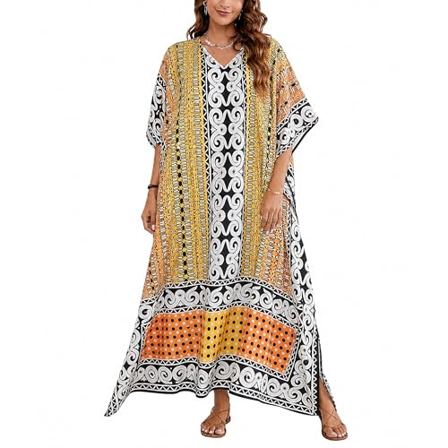 Image of Gypsie Blu Women Plus Size Kaftan Dress Beach Cover Up Maxi Dresses for Women, V-Neck Kimono Sleeve 1X-3X