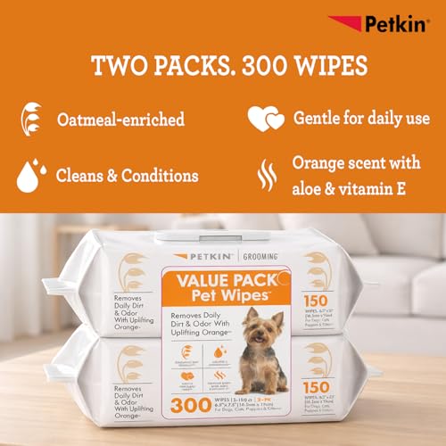 Image of Petkin Pet Wipes Valupak 300 Pcs Orange | Plant-Based Pet Cleaning Wipes for Dogs & Cats | Gentle Daily Care, Soft & Durable Wipes for Paws, Face, Coat & Quick Refresh | Long Shelf Life