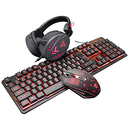 Gaming-Tastatur und Maus und Maus, Gaming-Mauspad, Gaming-Headset-Kombination, 4-in-1 USB-Kabel-Set für Computer, PC, Gamer, Laptop, Büroarbeit (schwarzes, buntes Licht) Cover