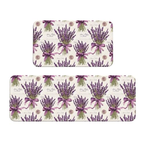 GVYGVY Antifatigue Kitchen Mats for Floor 2 Piece - Purple Lavender Print Kitchen Rugs Washable, Non Slip Runner Rug Standing Mat for Office/Bathroom/Laundry/Home Decor and Accessories