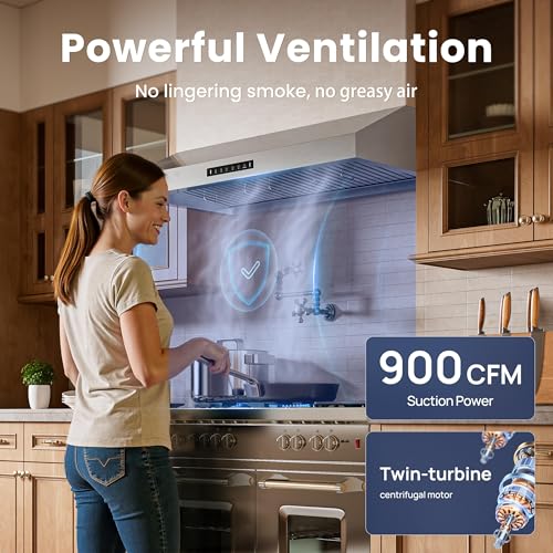 Image of VIKIO HOME 42 inch Range Hood,900 CFM Powerful Vent Hood,Under Cabinet Range Hood with 1.5 Sones Quiet, Stainless Steel Hood Vents for Kitchen,Gesture Control&Delay Shutdown,Dishwasher-Safe Filters