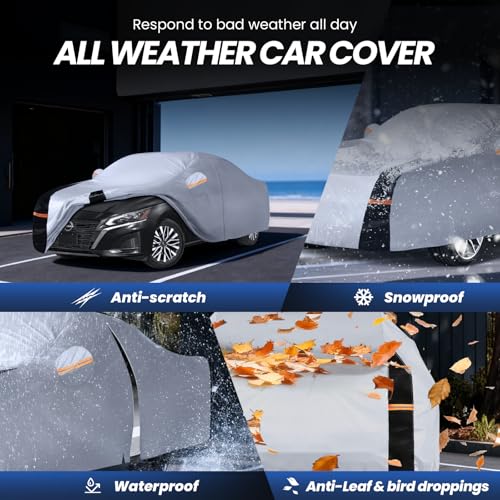 Image of Multi-Layer Car Cover Custom Fit for Nissan Altima(2005-2026), 100% Waterproof All Weather for Automobiles, Gift with Towel, Heavy Duty Car Covers for Rain Sun UV Protection with Door Zipper