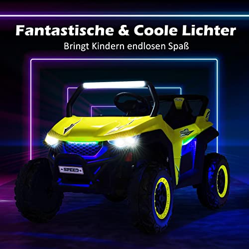 COSTWAY 2 Sitzer Kinderauto mit 2,4G Fernbedienung, 12V Kinder UTV mit Musik und Scheinwerfer, Elektro Auto 2-4 km/h, für Kinder ab 3 Jahren (Gelb)