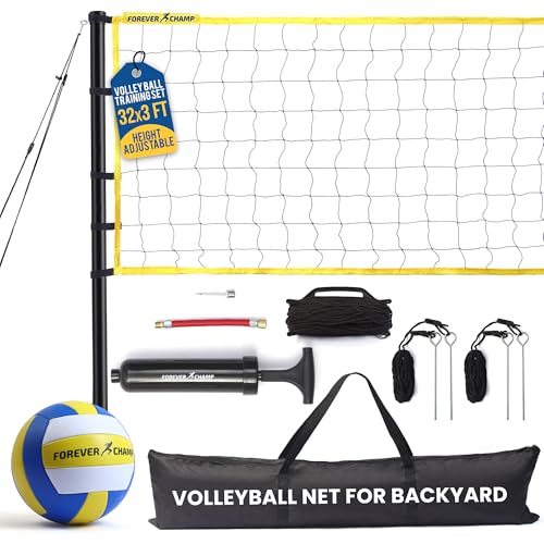 Forever Champ Volleyball Net for Backyard, Beach, Home, Includes 32x3 Ft Regulation Size Net, 8.5-Inch PU Volleyball, Carrying Bag, Boundary Lines, Steel Poles & Pump, Portable Volleyball Net Outdoor