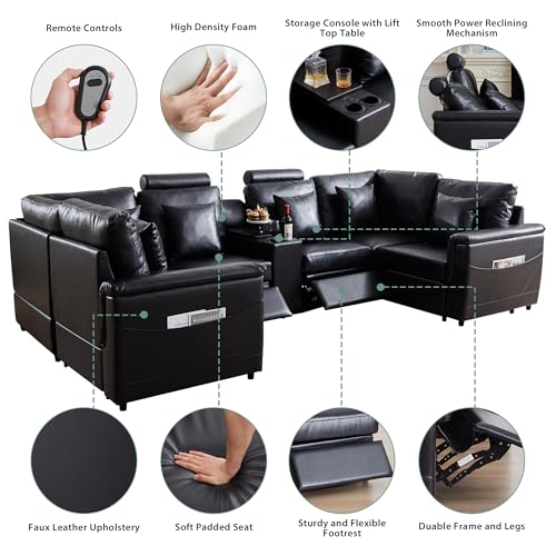 Image of RARZOE Faux Leather Sectional Sofa with 2 Power Recliner, U Shaped PU Leather Couch with Storage Console Charging Cup Holders, 6 Seater Oversized Modular Reclining Couches for Living Room,Black