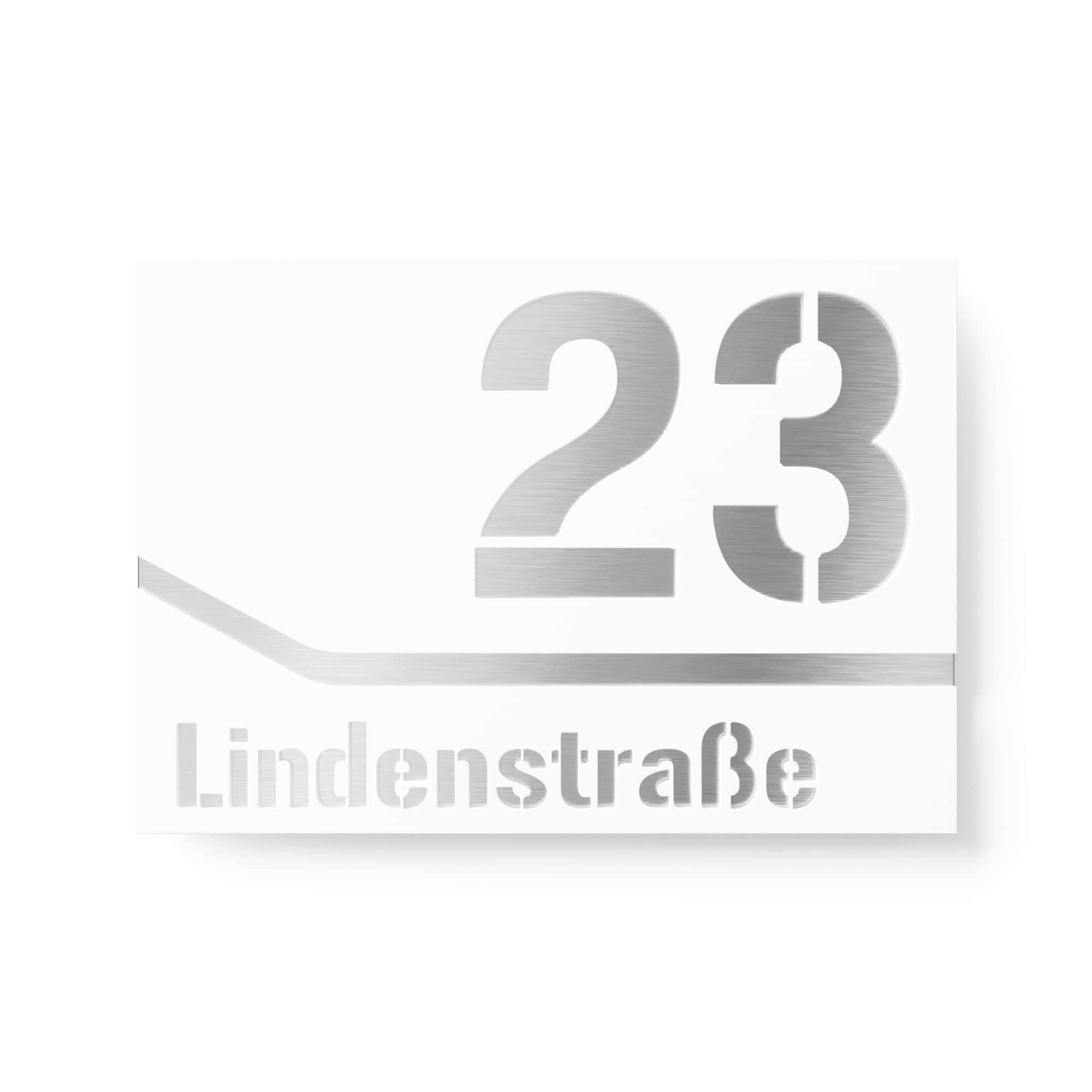 targhetta due righe per esterni – 215x150 mm, bianco, acciaio inox V2A (AISI 304), numero + testo personalizzabili