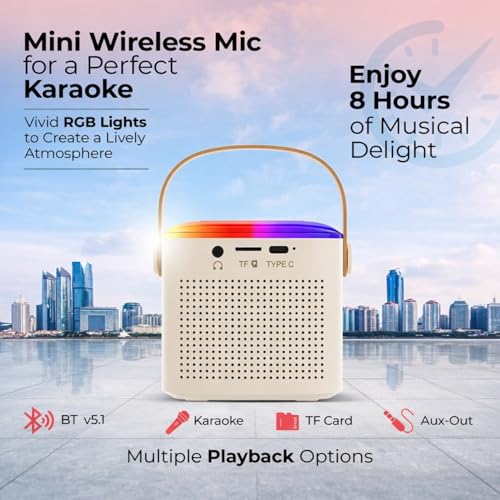 Image of One94Store Portable Bluetooth Speaker 10W with Wireless Karaoke Mic, Bluetooth 5.1, 8H Playtime, 5 Voice Change Effects, RGB LED Lights, TF Card Support, Type-C Charging - Cream Color