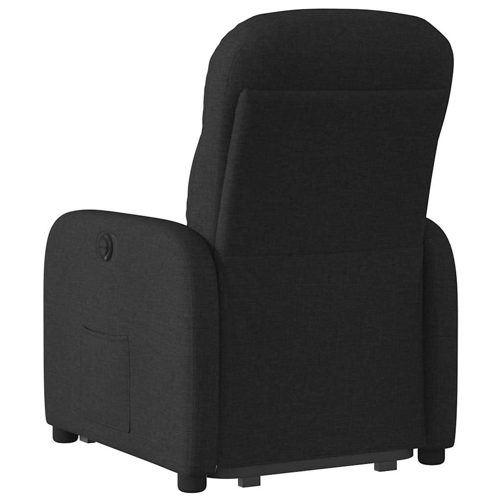 Sillón elevador eléctrico reclinable de tela negra con elevación automática y respaldo manual, cómodo asiento acolchado y marco estable, ideal para personas mayores