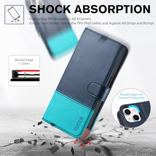 Etui pour iPhone 14 TUCCH en cuir bleu avec blocage RFID - 6