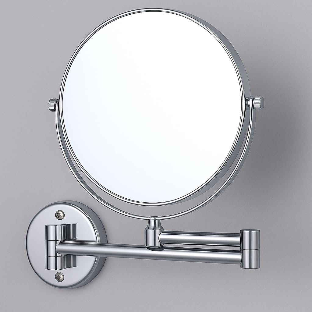 JPS Brass Dual Side Round Mirror for Bathroom 360° Swivel with Magnifying View | Magnifying Shaving Makeup Mirror Wall Mounted | (Chrome)