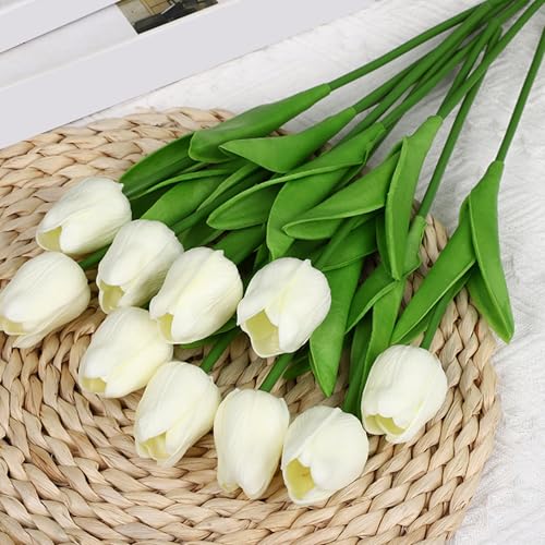 WLHFDC 10 PCS Artificial Tulips Artificial Flowers for Garden Fake Tulip Faux Flowers That Look Real in Vase Indoor Home Decor Wedding Bouquet Spring Table Centrepiece DIY Floral Arrangement White