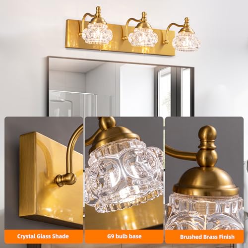 Image of 3-Light Bathroom Light Fixtures, Gold Vanity Light Farmhouse Wall Sconces with Frosted Glass Shade, Modern Bathroom Wall Lamp for Mirror Bedroom Hallway Living Room
