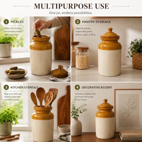 Image of Pure Source India Ceramic Pickle Jar with Lid | Airtight Ceramic Storage Container for Pickles, Chutney, Spices & Dry Snacks | Glossy Handmade Kitchen Storage Jar (3, litres)