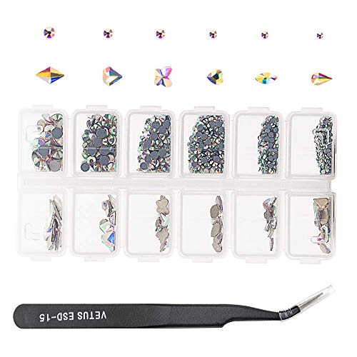 60 +1728Pcs Crystals AB Nail Art Rhinestones Set Multi Sharp and 1Pcs Tweezers with Storage Organizer Box For Nail Art Craft Jewelry Decorations