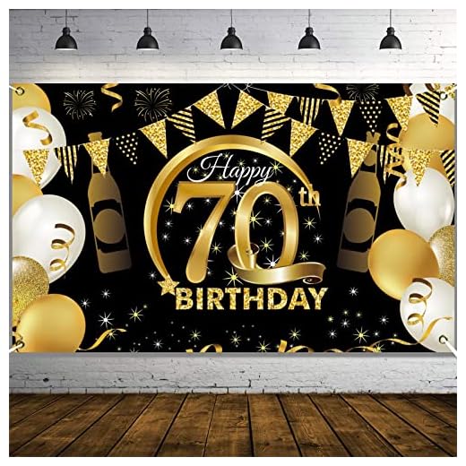 70 Años Decoración de Fiesta de Cumpleaños70 Años Fondo de Cumpleaños de Oro Negro,70 Años Banner de Fondo de Feliz Cumpleaños,Póster de Tela Cartel Extra Grande
