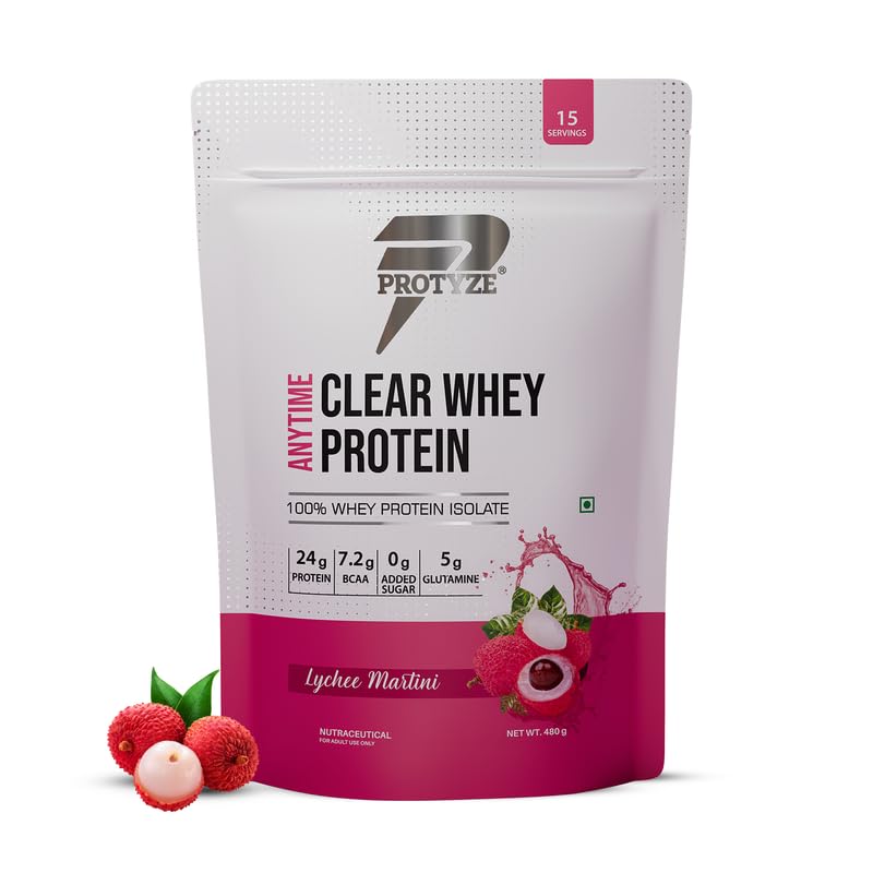 Anytime Clear Whey Protein Isolate 480gm | 24g Protein Per Scoop | Lychee Martini, 15 Servings | ISO & HACCP Certified | Lean Muscle Growth, Easy Digestion & Refreshing
