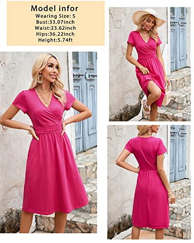 Image of Newshows Womens Summer Short Sleeve Casual Dresses V Neck Floral Vacation Sundress Faux Wrap Midi Dress with Pockets
