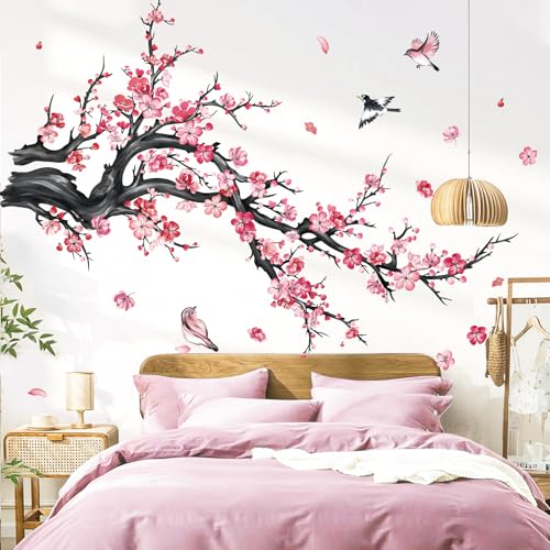 decalmile Stickers Muraux Branche de Fleurs Rose Autocollant Mural Floral Arbre Aquarelle Oiseaux Décoration Murale Chambre Enfants Bébé Salon TV Mur