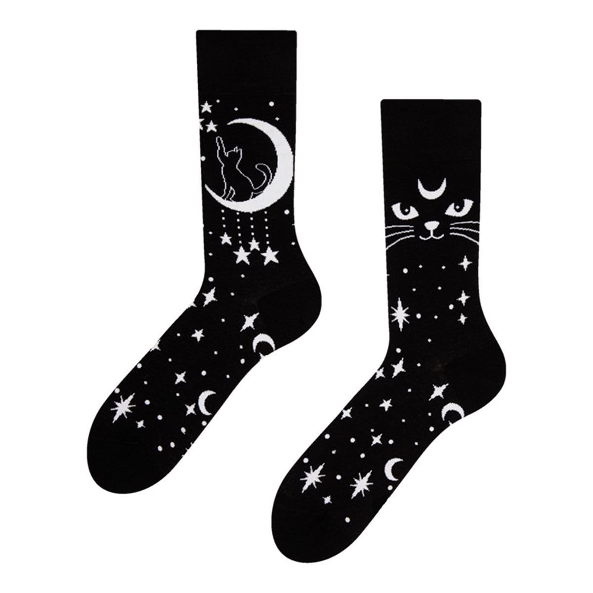 Ro Rox Moon Star Cat Socks Wicca Gothic Celestial Ribbed Cotton Stretch Unisex, Black Cat, One Size