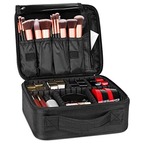 FORRICA Makeup Bag Ladies Portable Cosmetic Case Women Travel Beauty Box Make Up Case Vanity Bag Makeup Brush Organiser Adjustable Compartment Black Cover