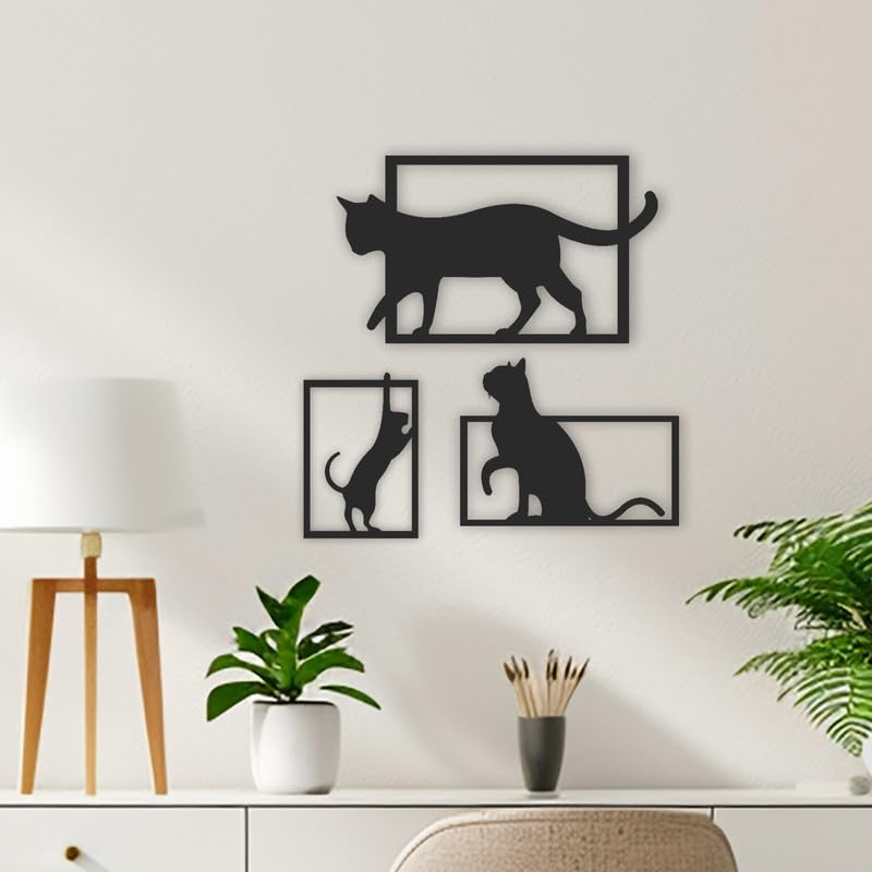 Amaresah Black Cat Wall Art | Laser Cut MDF Wooden Silhouette Cut Out Wall Hanging For Living Room, Bedroom, Nursery & Office | Cat Frame Set Of 3 | Home Decoration, Housewarming Gift for Cat Lover-image-16