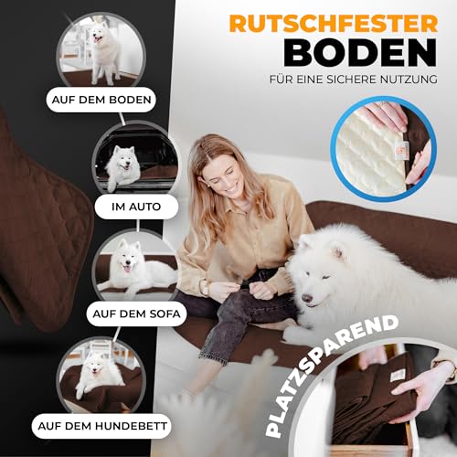SympaTierisch wasserdichte Hundedecke - Robuste Hundematte als Schutz für Sofa & Bett - rutschfeste Hundedecke auch für große Hunde geeignet - in der Waschmaschine waschbar - 205 x 130 cm - braun