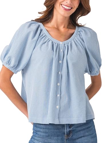 Tanming Womens Summer Plaid Button Down Shirts Short Puff Sleeve Cotton Crew Neck Gingham Blouses Tops