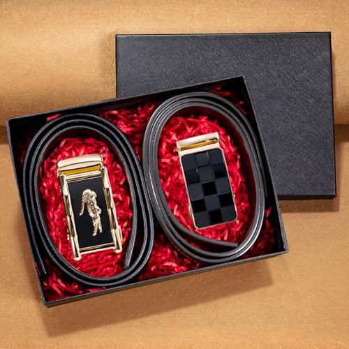Barry.Wang Mens Ratchet Belt 2 Pack Buckle Gift Set Dress Belts Leather Slide Strap Automatic 1 3/8" Wedding Business2