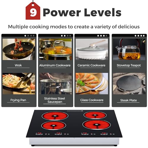 Image of ADVWIN Electric Cooktop, 4 Burner Electric Stove Top，24 Inch Built-in 6000W Ceramic Cooktop with 4H Timer, Kid Safety Lock and Knob Control, 9 Heating Level,220v(no plug) (4 burners)
