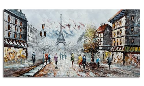 Alenoss Modern Oil Paintings on Canvas Wall Art, Paris Eiffel Tower Landscape Abstract Paintings for Living Room Bedroom Office Wall Decor 48x24 Inches, Ready to Hang