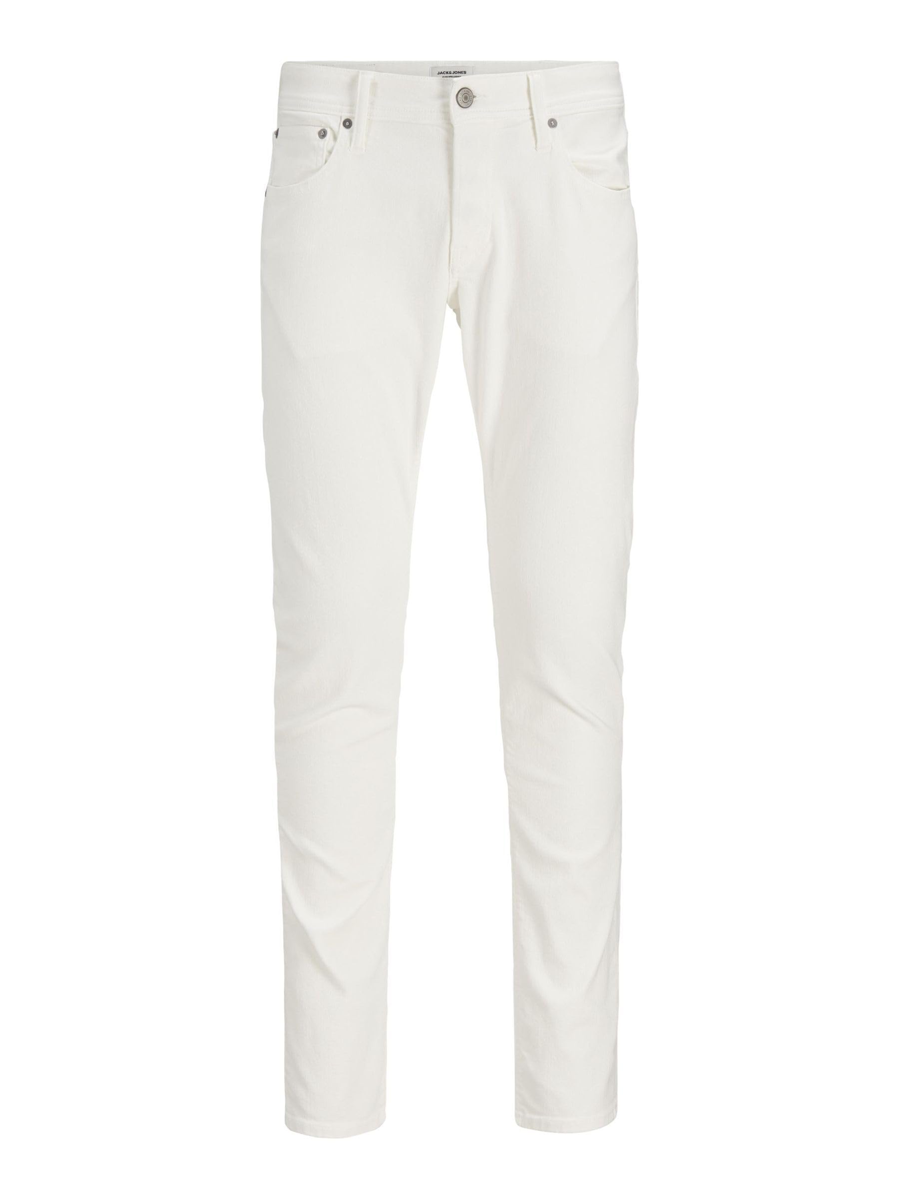 JACK & JONES Mens Slim Fit Jeans, Low Rise Stretch Denim Trousers for Men, White Colour, UK Size - W30, Inside Leg 32