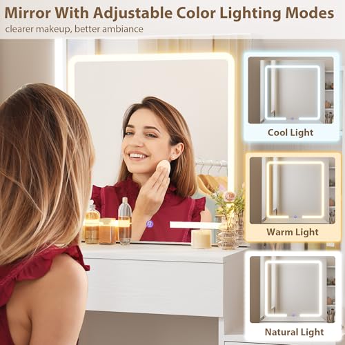 GarveeHome Makeup Vanity Desk with Sliding Mirror, Vanity Dressing Table with 3 Color Adjustable Lights, Girls Vanity Set with Stool, 4 Compact Vanity Drawers, Power Outlet, White