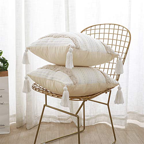 Seeksee Boho Cotton Hand-Woven Throw Pillow Covers, Tufted Decorativethrow Pillow Covers, For Bedroom, Living Room Sofa, Farmhouse Square Fringed Throw Pillow (Cream 2Pc, 18X18 Inch) #TOP4