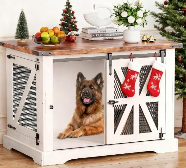 Hundekäfig, 110 cm Hundebox, Dreitüriger Hundekäfig für zu Hause, Schiebetür, Modernes Holz-Hundehäuschen, Mittlere und Große Hunde, Verstärktes Eisennetz, 110x74x81 cm, Weiß