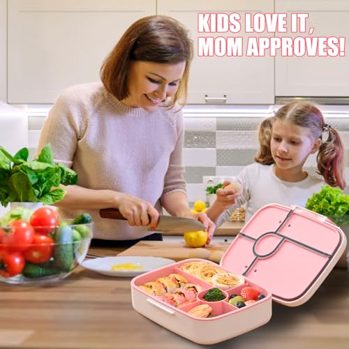 Image of Bento Box for Kids Lunch Box Leak-Proof, Bento Lunch Box with 5 Compartments, Lunch Containers with 3 Silicone Baking Cups, Microwave /Dishwasher Safe (43OZ) (Pink)