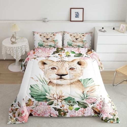 Erosebridal Cartoon Lion Comforter Set Twin Size Kids,Pink Floral Bedding Set Girls Boys Baby Lion Print Duvet Insert Safari Animal Quilted Comforter,Tropical Plants Home Dorm Decor Soft Cozy White thumb #1