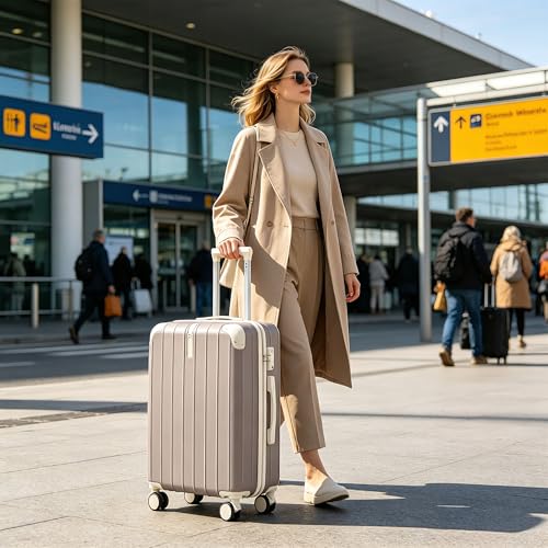 Image of Hardshell Luggage Sets, Lightweight Stripes Suitcases with Spinner Wheels, Light Grey