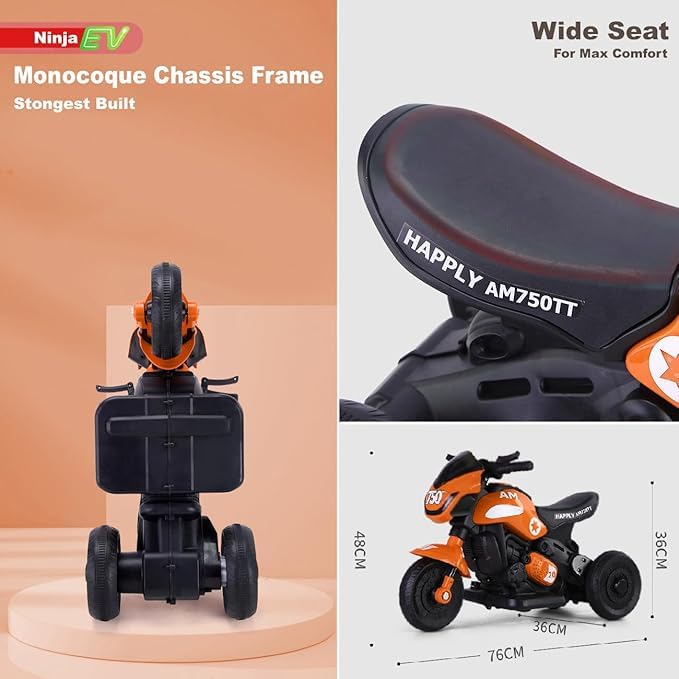 Image of Ninja Ev Kids Battery Operated Bike Rechargeable Ride on for Boys and Girls with Music and Lights, Forward and Backward Gear, Built in MP3 Player Baby Bike with USB Port (Orange)