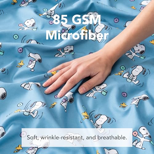 Image of Berkshire Blanket Peanuts Fitted Sheet King Size(Only), Cute Character Snoopy Microfiber Sheet with Deep Pocket, Soft and Breathable, Snoopy's Morning Coffee Small Blue