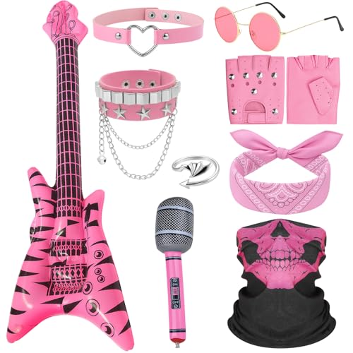 GWAWG Punk Rockstar Fancy Dress Gothic Rocker Costume Set,Bracelet Bague Guitare gonflable,Rockstar...