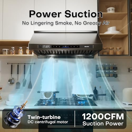 Image of BRANO Under Cabinet Range Hood with 1200 CFM DC Motor, Stainless Steel Ducted Vent Hood with Voice & Gesture Control, PVD Titanium Plated Finish, 6 Speed Fan (36 Inch)