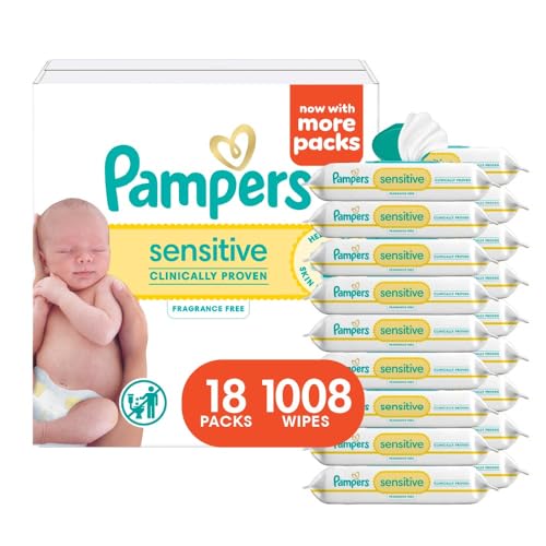 Image of Pampers Sensitive Baby Wipes, Water Based, Hypoallergenic and Unscented, 18 Flip-Top Packs (1008 Wipes Total) [Packaging May Vary]