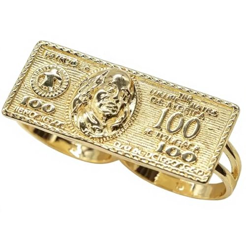 Bzleurvy 14K Golden Plated Mens Nugget Dollar Sign Ring Hip Hop Statement Money Two Finger Ring for Men Bold Textured Nugget Design Pinky Ring Jewelry Gift for Him (9#-10#)