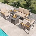 MAISON BACKYARDS MBY 5-Piece Modern Patio Furniture Set with Fire Pit Table, Metal Outdoor Sectional with Cushions & Wood-Like Armrests, Cozy Conversation Set for Porch, Balcony, Garden, Yard-Brown