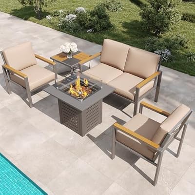 MAISON BACKYARDS 5-Piece Modern Patio Furniture Set with Fire Pit Table, Metal Outdoor Sectional with Cushions & Wood-Like Armrests, Cozy Conversation Set for Porch, Balcony, Garden, Yard (Gray)