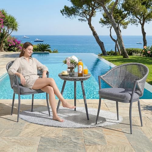Image of BRISHI Garden Patio Seating Chair and Table Set Outdoor Balcony Garden Coffee Table Set Furniture with 1 Table and 2 Chairs Set with Cushion Braid & Rope (Gray)